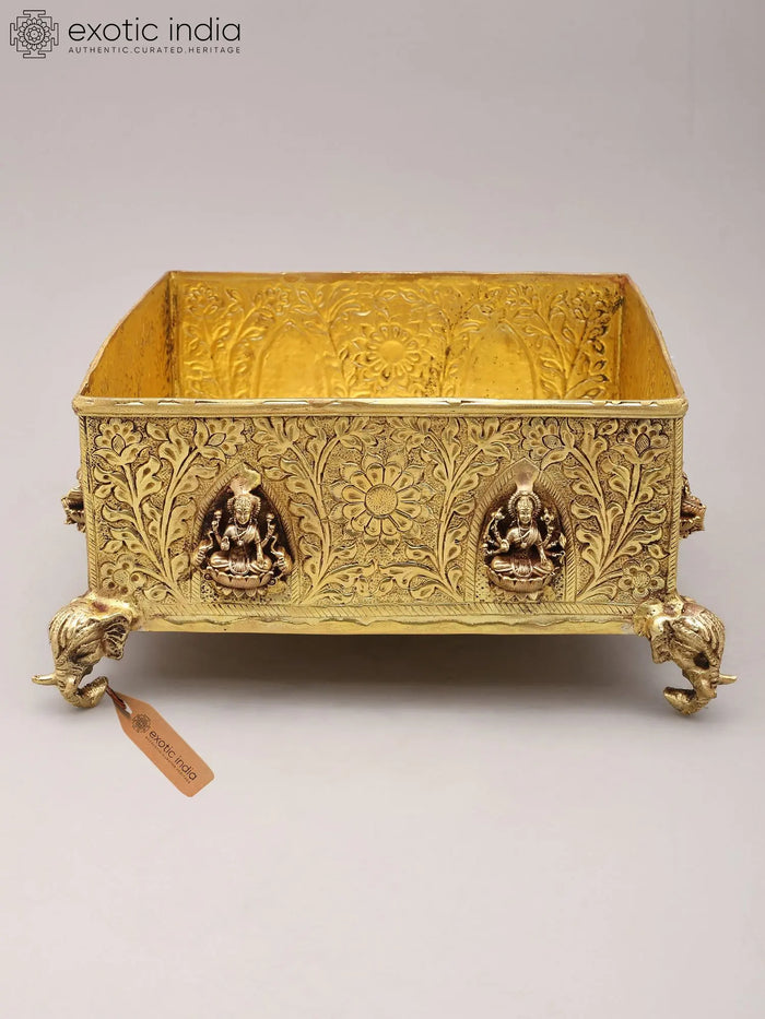 Brass Square Shaped Urli Bowl with Lakshmi Motif & Elephant Legs