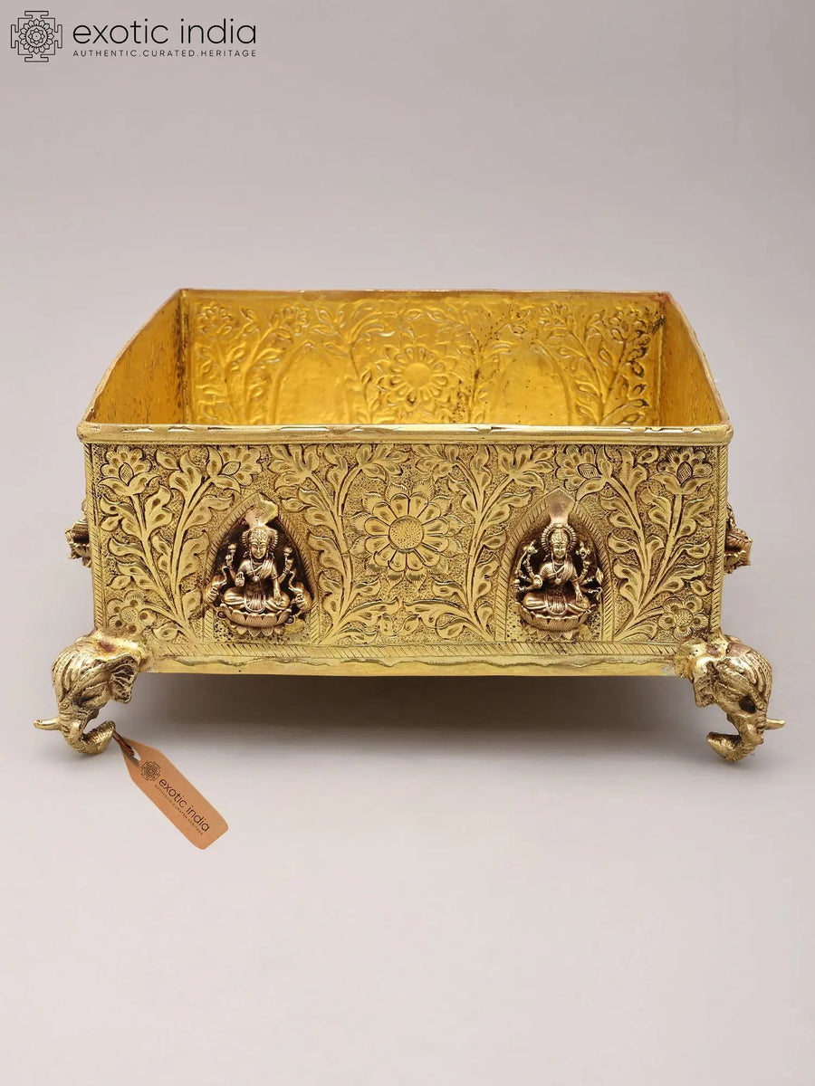 Brass Urli Bowl with Lakshmi Motif and Elephant Legs