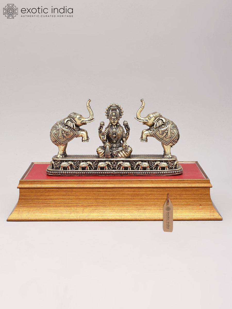 Brass Gajalakshmi Statue with Wooden Base - Handmade Home Decor