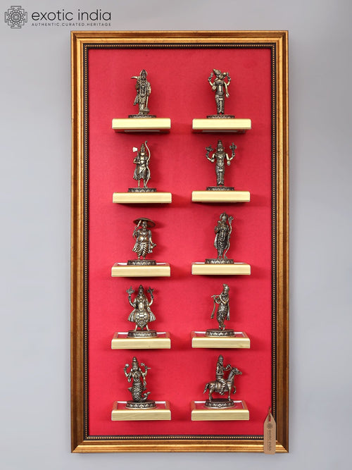 20" Brass Dashavatara Set with Wood Frame Wall Hanging