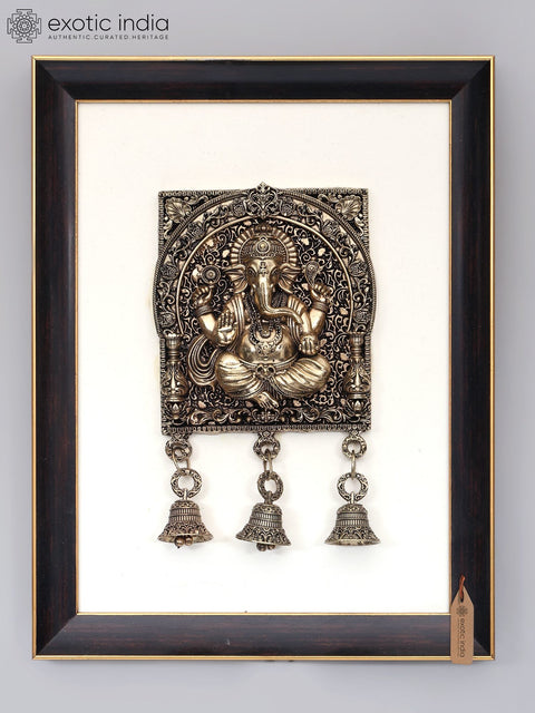 12" Wood Framed Superfine Blessing Ganesha in Brass with Bells | Wall Hanging