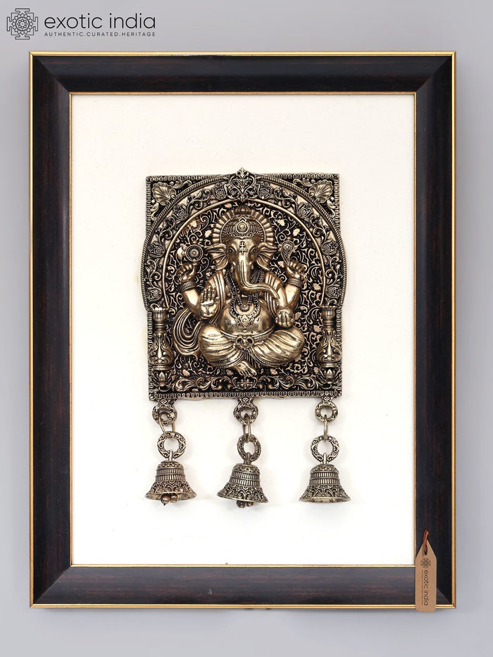12" Wood Framed Superfine Blessing Ganesha in Brass with Bells | Wall Hanging