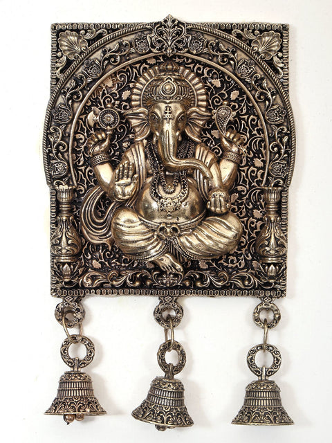 12" Wood Framed Superfine Blessing Ganesha in Brass with Bells | Wall Hanging