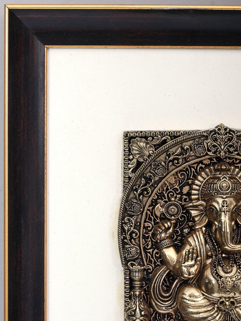 12" Wood Framed Superfine Blessing Ganesha in Brass with Bells | Wall Hanging