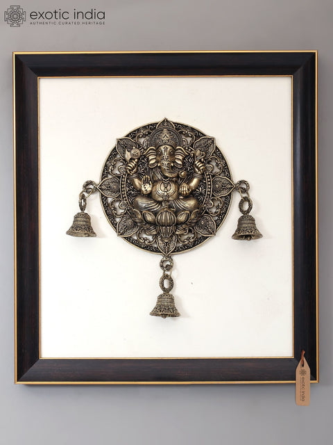 12" Superfine Blessing Ganesha with Bells | Wood Framed Brass Sculpture | Wall Hanging