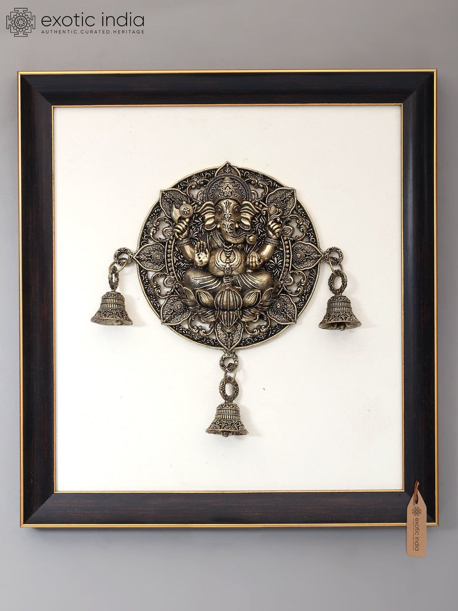 12" Handmade Ganesha Brass Sculpture with Bells Wall Hanging