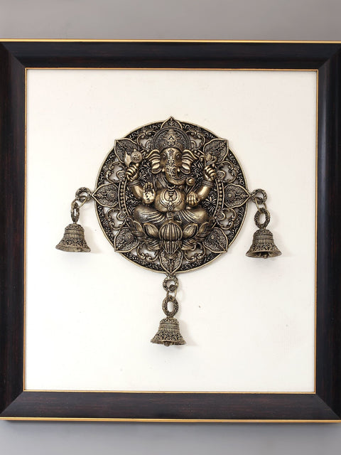 12" Superfine Blessing Ganesha with Bells | Wood Framed Brass Sculpture | Wall Hanging