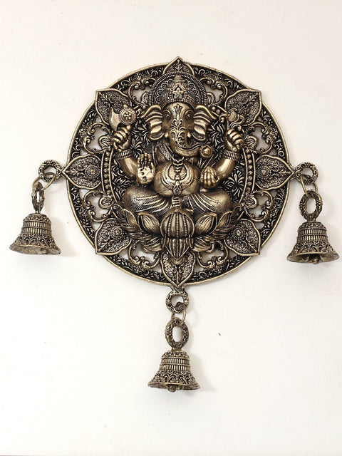 12" Superfine Blessing Ganesha with Bells | Wood Framed Brass Sculpture | Wall Hanging