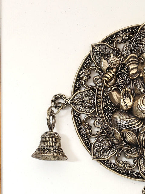 12" Superfine Blessing Ganesha with Bells | Wood Framed Brass Sculpture | Wall Hanging