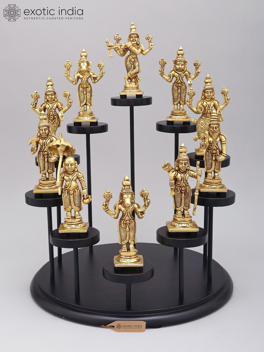 15" Dashavatara Brass Statue Set on Designer Wood Base