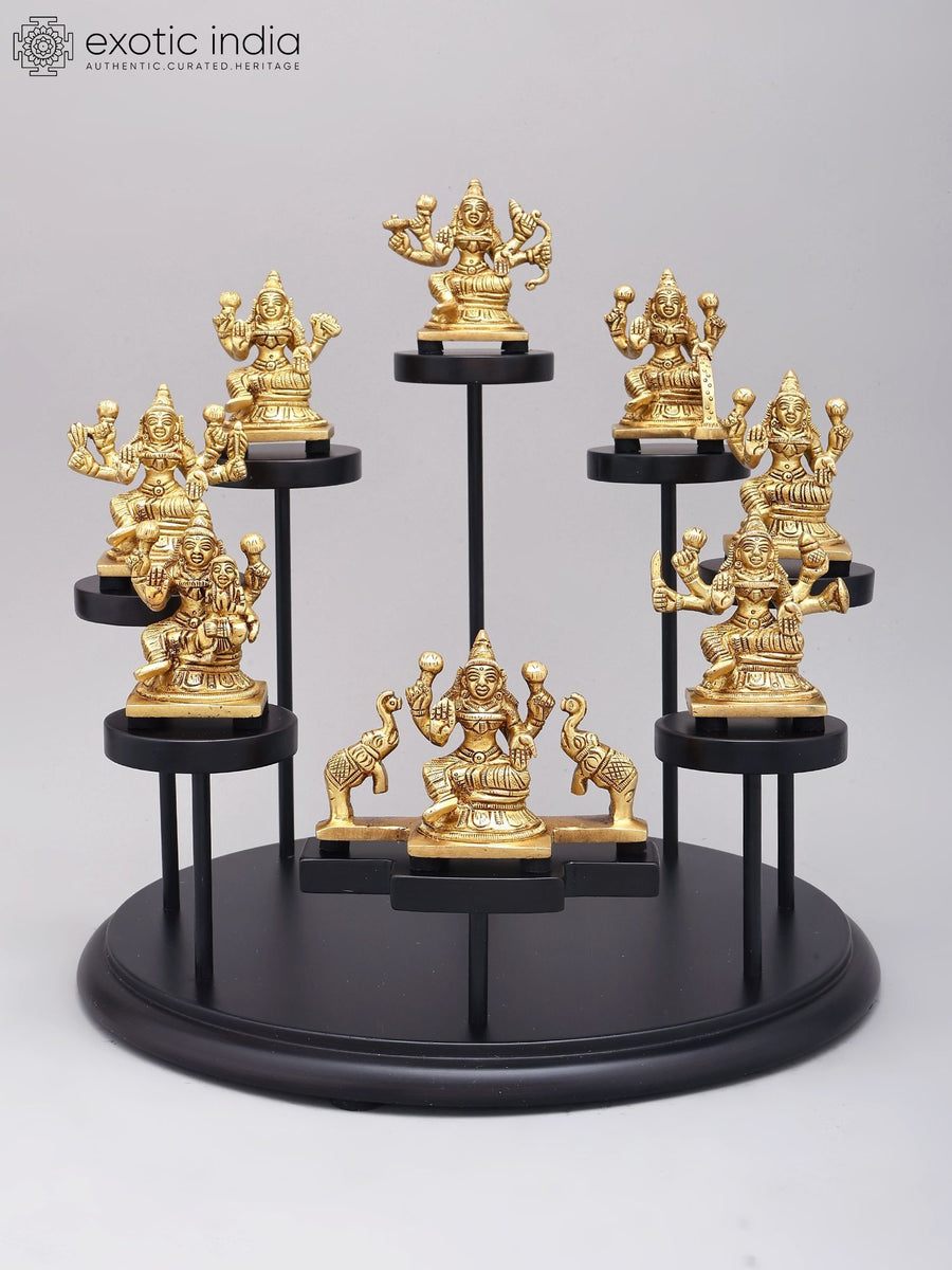 12" Ashtalakshmi Brass Idol Set with Wood Base for Pooja