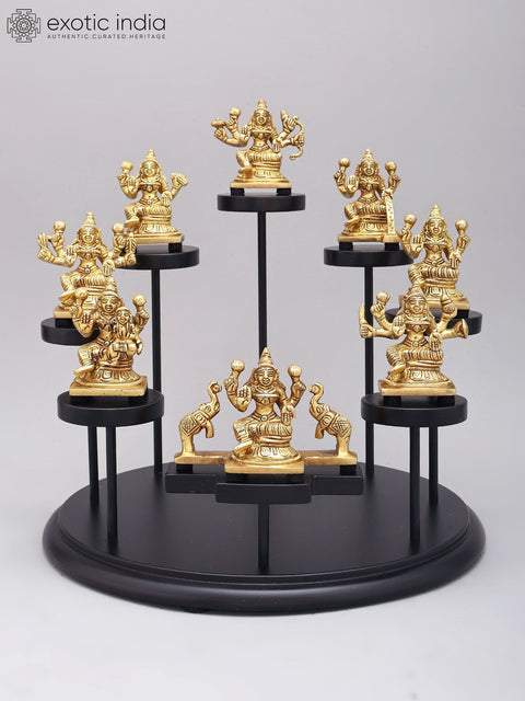 12" Ashtalakshmi Set in Brass with Designer Wood Base