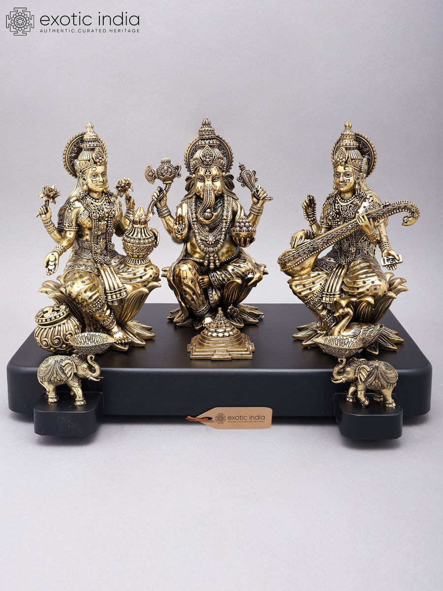 12" Lakshmi Ganesha Saraswati Brass Idols with Wood Base for Pooja