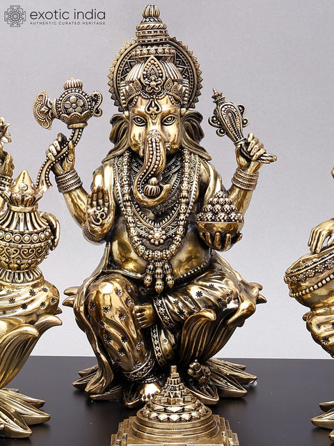 12" Superfine Lakshmi Ganesha Saraswati Brass Idols Seated on Wood Base