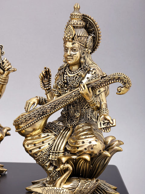 12" Superfine Lakshmi Ganesha Saraswati Brass Idols Seated on Wood Base