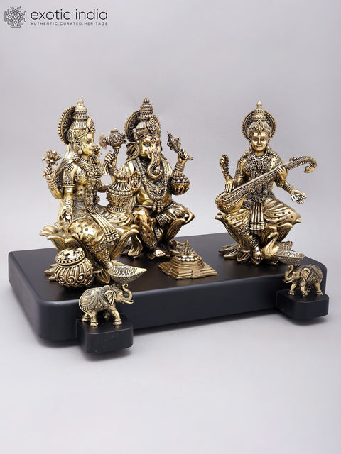12" Superfine Lakshmi Ganesha Saraswati Brass Idols Seated on Wood Base