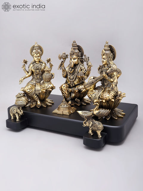 12" Superfine Lakshmi Ganesha Saraswati Brass Idols Seated on Wood Base