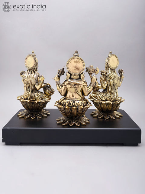 12" Superfine Lakshmi Ganesha Saraswati Brass Idols Seated on Wood Base
