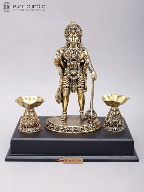 12" Standing Lord Hanuman Blessing Gesture Brass Statue Wood Base