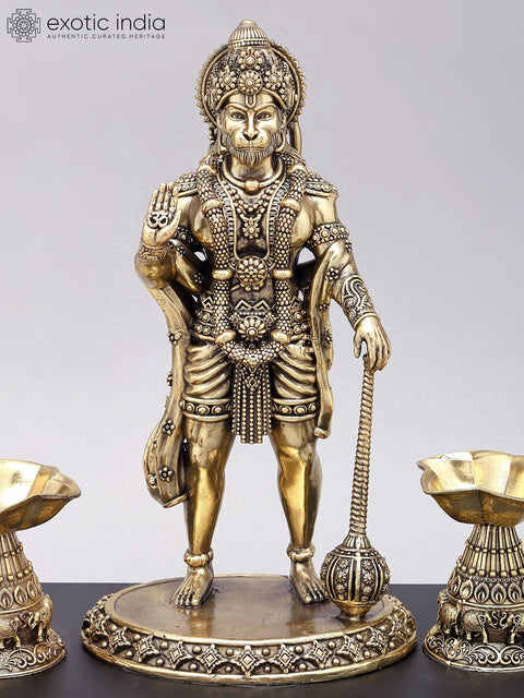 12" Superfine Standing Lord Hanuman in Blessing Gesture | Brass Statue on Wood Base