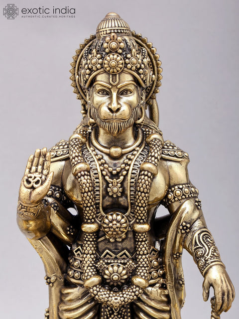 12" Superfine Standing Lord Hanuman in Blessing Gesture | Brass Statue on Wood Base