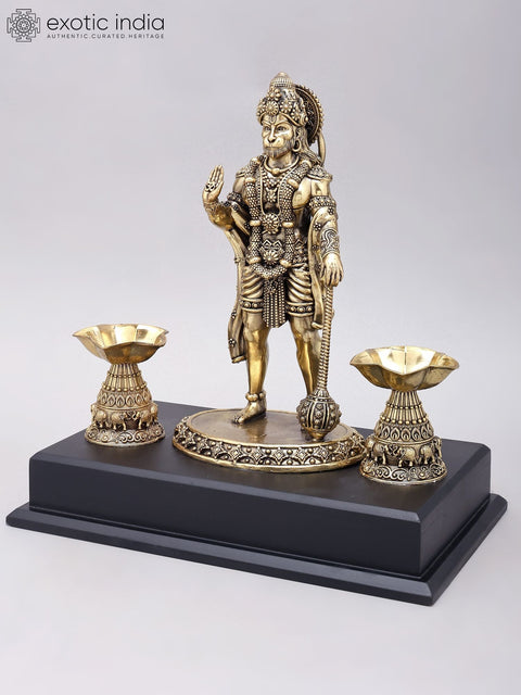 12" Superfine Standing Lord Hanuman in Blessing Gesture | Brass Statue on Wood Base