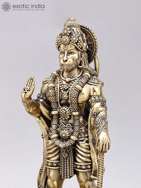 12" Superfine Standing Lord Hanuman in Blessing Gesture | Brass Statue on Wood Base