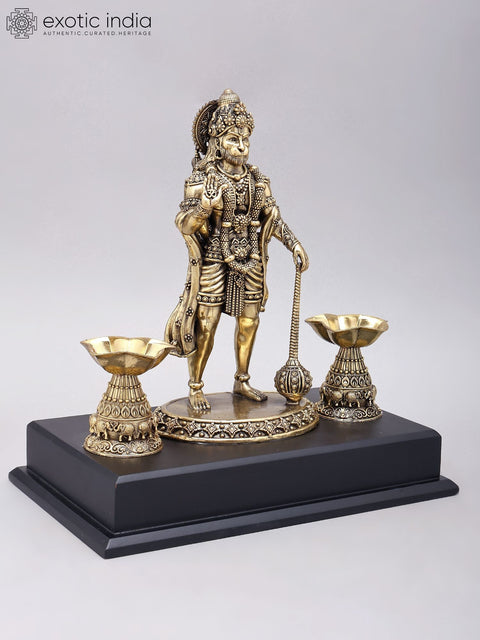 12" Superfine Standing Lord Hanuman in Blessing Gesture | Brass Statue on Wood Base