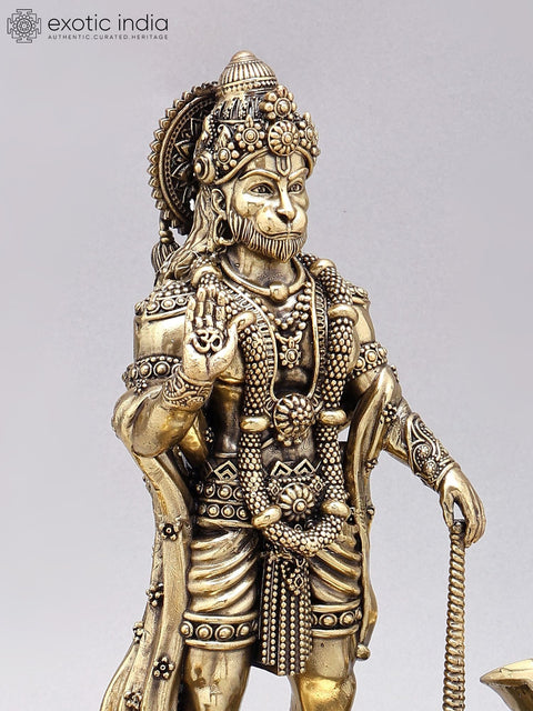 12" Superfine Standing Lord Hanuman in Blessing Gesture | Brass Statue on Wood Base