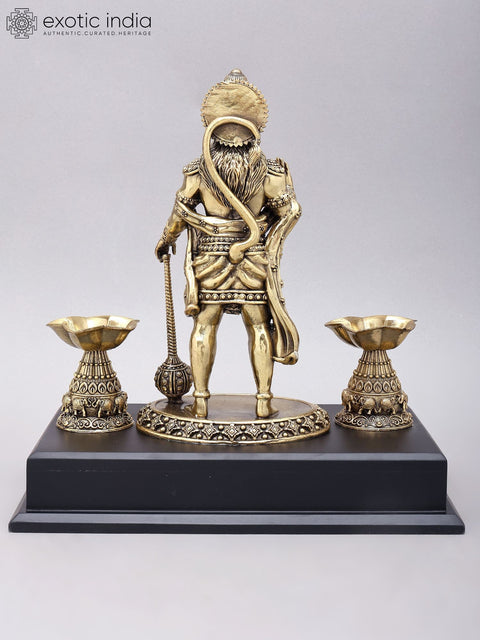 12" Superfine Standing Lord Hanuman in Blessing Gesture | Brass Statue on Wood Base