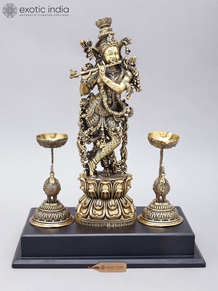 14" Handmade Brass Krishna Playing Flute with Peacock Lamps Statue
