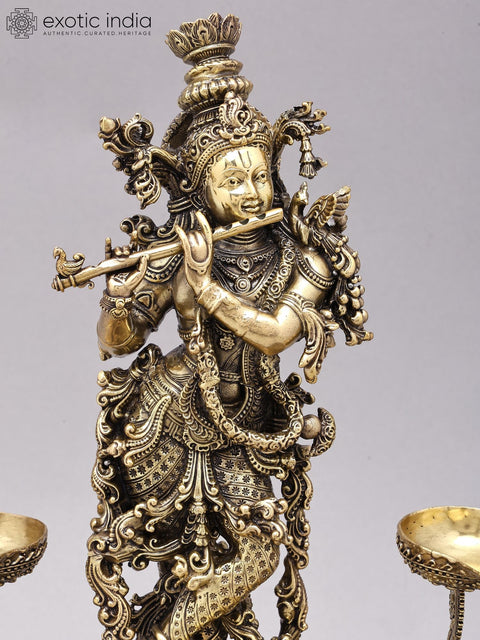 14" Superfine Bhagawan Krishna Playing Flute with Peacock Lamps | Brass Statue on Wood Base