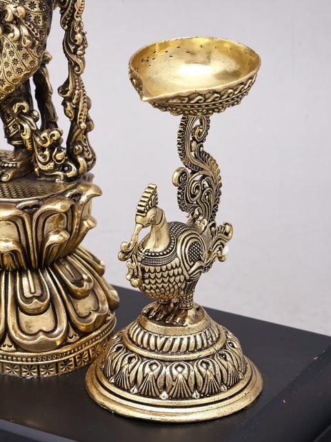 14" Superfine Bhagawan Krishna Playing Flute with Peacock Lamps | Brass Statue on Wood Base