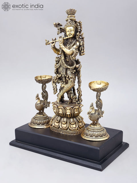 14" Superfine Bhagawan Krishna Playing Flute with Peacock Lamps | Brass Statue on Wood Base