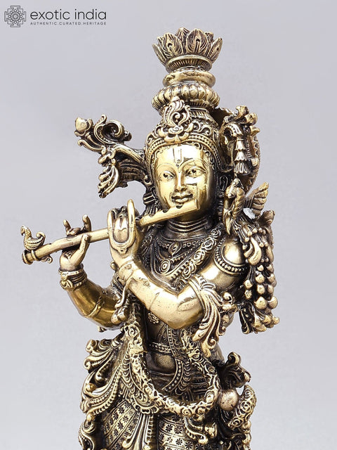 14" Superfine Bhagawan Krishna Playing Flute with Peacock Lamps | Brass Statue on Wood Base