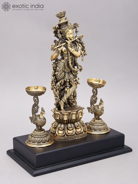 14" Superfine Bhagawan Krishna Playing Flute with Peacock Lamps | Brass Statue on Wood Base