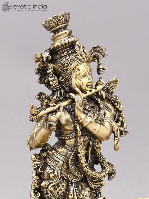 14" Superfine Bhagawan Krishna Playing Flute with Peacock Lamps | Brass Statue on Wood Base