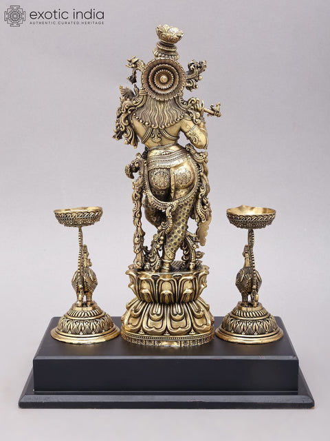 14" Superfine Bhagawan Krishna Playing Flute with Peacock Lamps | Brass Statue on Wood Base