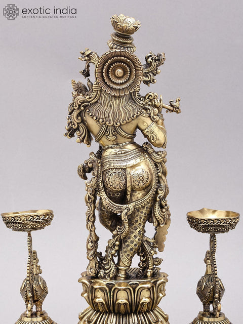 14" Superfine Bhagawan Krishna Playing Flute with Peacock Lamps | Brass Statue on Wood Base