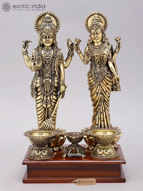 12" Standing Lakshmi Narayan Brass Statue with Lamps on Wood Base