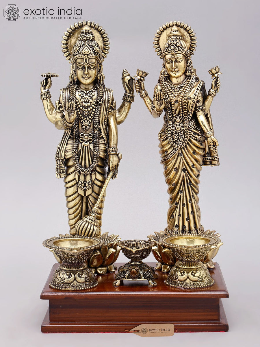 12" Standing Lakshmi Narayan Brass Statue with Lamps on Wood Base