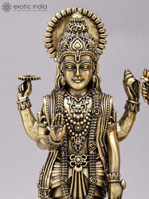 12" Superfine Standing Lakshmi Narayan (Vishnu Lakshmi) with Lamps | Brass Statue on Wood Base
