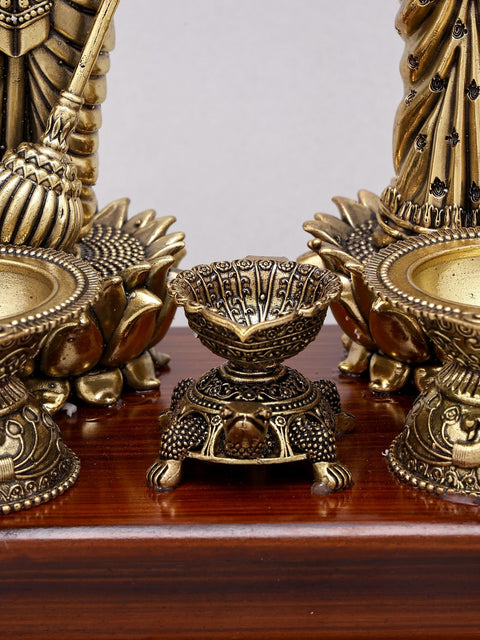 12" Superfine Standing Lakshmi Narayan (Vishnu Lakshmi) with Lamps | Brass Statue on Wood Base