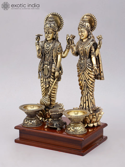 12" Superfine Standing Lakshmi Narayan (Vishnu Lakshmi) with Lamps | Brass Statue on Wood Base