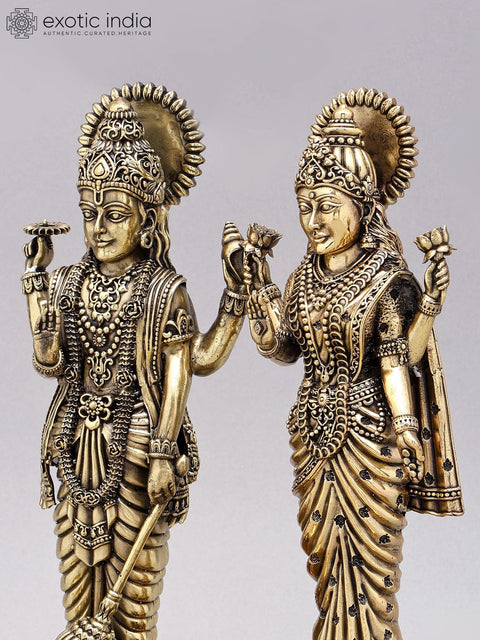 12" Superfine Standing Lakshmi Narayan (Vishnu Lakshmi) with Lamps | Brass Statue on Wood Base