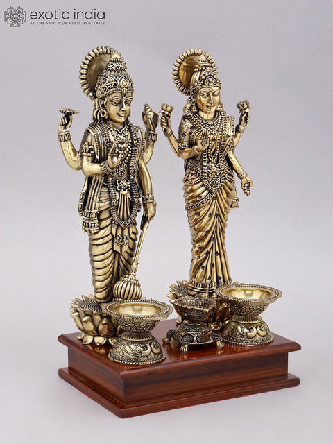 12" Superfine Standing Lakshmi Narayan (Vishnu Lakshmi) with Lamps | Brass Statue on Wood Base