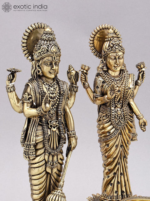 12" Superfine Standing Lakshmi Narayan (Vishnu Lakshmi) with Lamps | Brass Statue on Wood Base