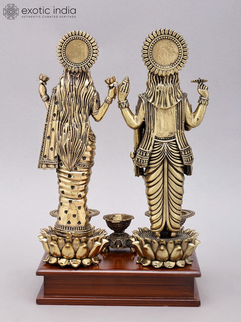 12" Superfine Standing Lakshmi Narayan (Vishnu Lakshmi) with Lamps | Brass Statue on Wood Base