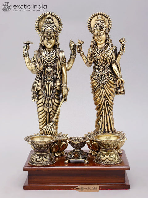 12" Superfine Standing Lakshmi Narayan (Vishnu Lakshmi) with Lamps | Brass Statue on Wood Base