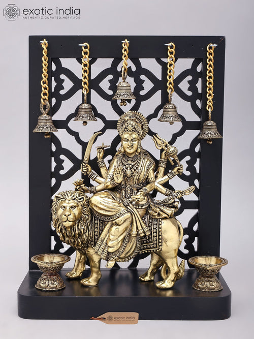 12" Handmade Goddess Durga Brass Statue on Wood Base